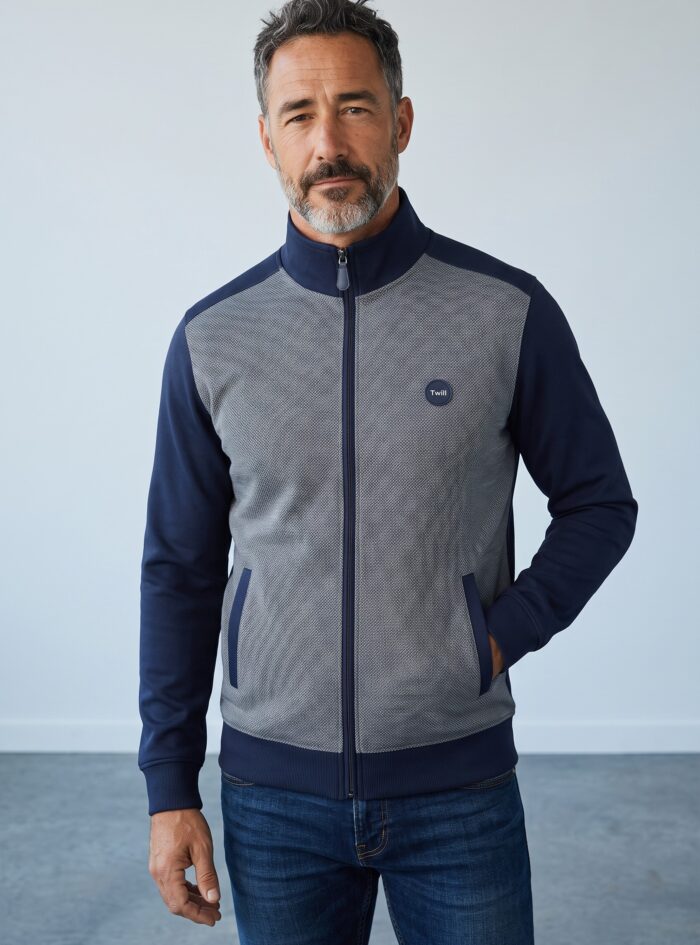 Zip-Up Sweatshirt — Blue / Brown, Jacquard